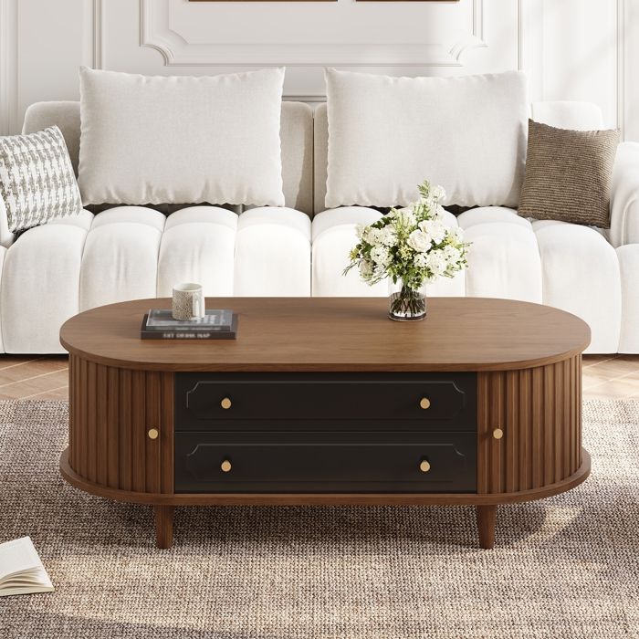Table de Salon Rectangulaire Meuble Couleur Noyer Table avec Deux Tiroirs et Portes Coulissantes Longueur 100 cm Noir