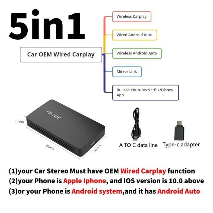 BOÎTE AI Carplay 5 en 1 Adaptateur sans fil filaire pour Apple Carplay, Android Auto, AI Box