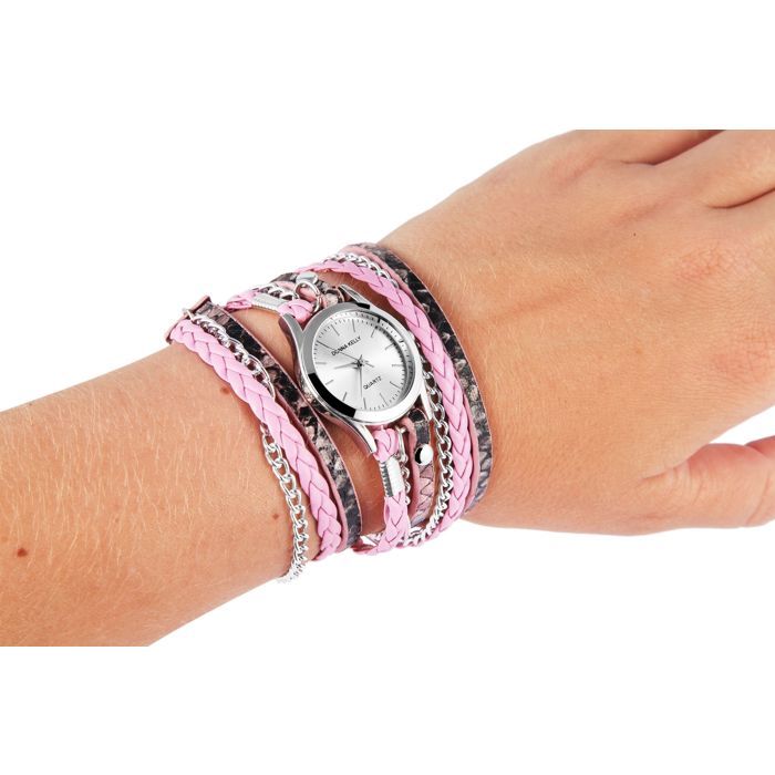 Montre femme - DK0009 - Boîtier métal argenté 30 mm - Bracelet enroulable cuir synthétique rose - Mouvement quartz
