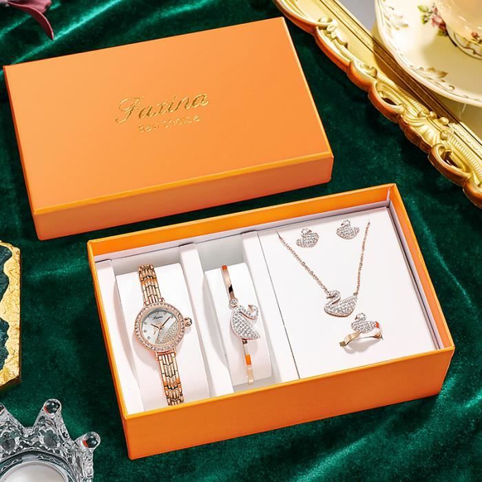 Coffret Cadeau Montre Femme Cygne Parure de Bijoux- Collier Bague Boucles  d'oreilles Bracelet Femme - Cadeau Femme