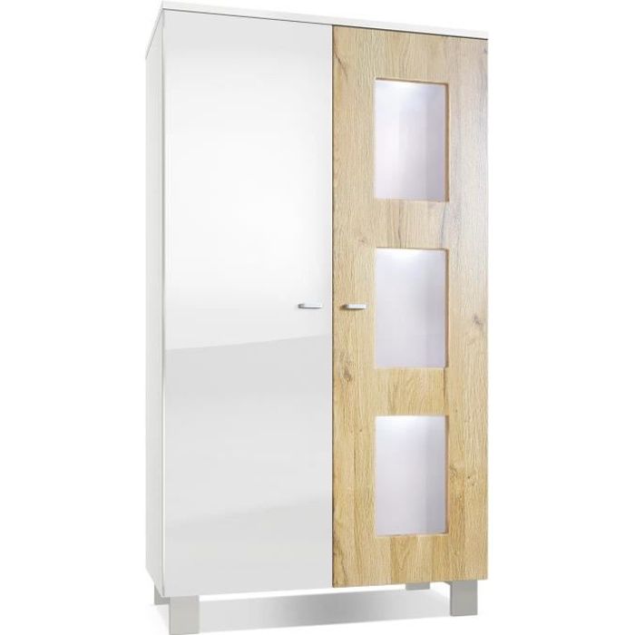 Vladon Vitrine Armoire Denjo Corps en Blanc mat - Façades en Blanc haute brillance et Chêne Nature avec éclairage LED en Blanc Vladon Vitrine Armoire Denjo Corps en Blanc mat - Façades en Blanc haute brillance et Chêne Nature avec éclairage LED en Blanc