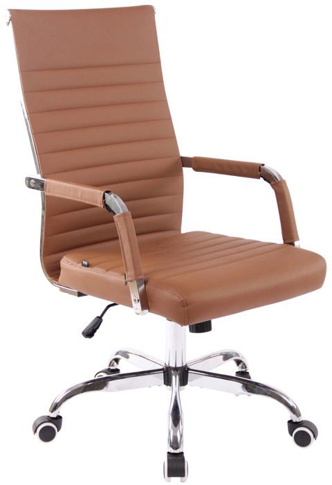 fauteuil de bureau sur roulettes confortable hauteur reglable en synthetique marron clair cadre metal chrome