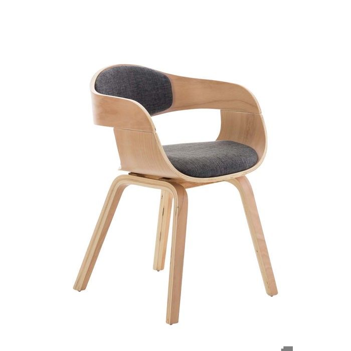 Chaise de bureau sans roulettes visiteur en tissu et bois design retro et confort maximal naturel et gris clair BUR10542