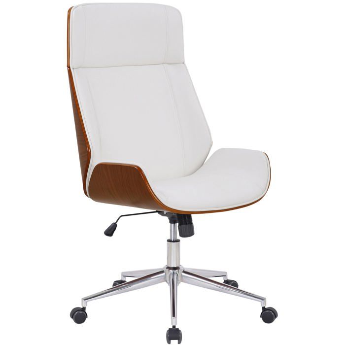 Fauteuil de bureau dossier haut avec roulettes synthetique blanc et bois noyer hauteur reglable BUR10455
