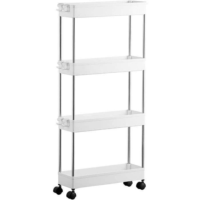 Chariot De Rangement 3 Niveaux Étroit Avec Roues – 10 Cm De Large, Idéal Petits Espaces Cuisine, Salle De Bain, Buanderie – Blanc