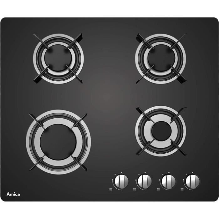 Plaque de cuisson gaz 4 feux en verre noir AMICA 7510W brûleurs gaz