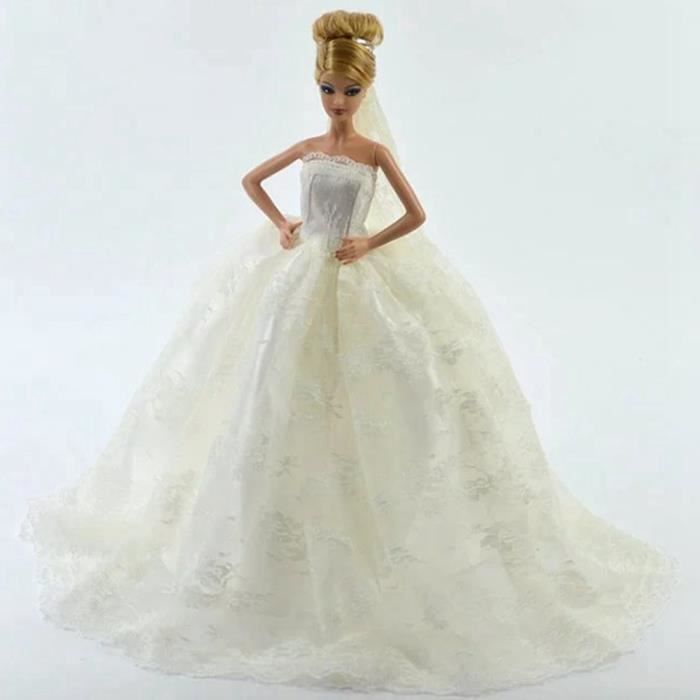 Poupée barbie de style victorien manches longues blanc 3 pièce robe de mariée voile train 