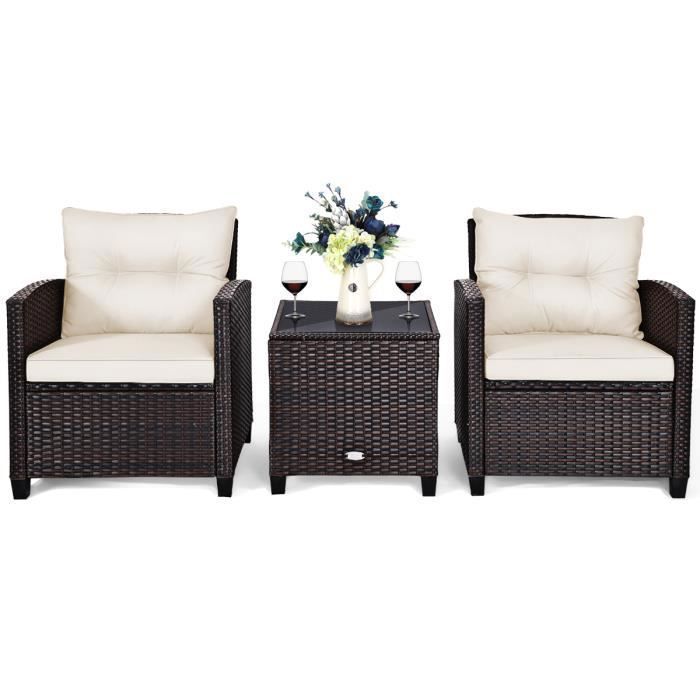 COSTWAY 3PCs Salon de Jardin en Rotin - 2 Fauteuils Table Basse avec Plateau en Verre Trempé Coussins -Terrasse Piscine - Blanc COSTWAY 3PCs Salon de Jardin en Rotin - 2 Fauteuils Table Basse avec Plateau en Verre Trempé Coussins -Terrasse Piscine - Blanc