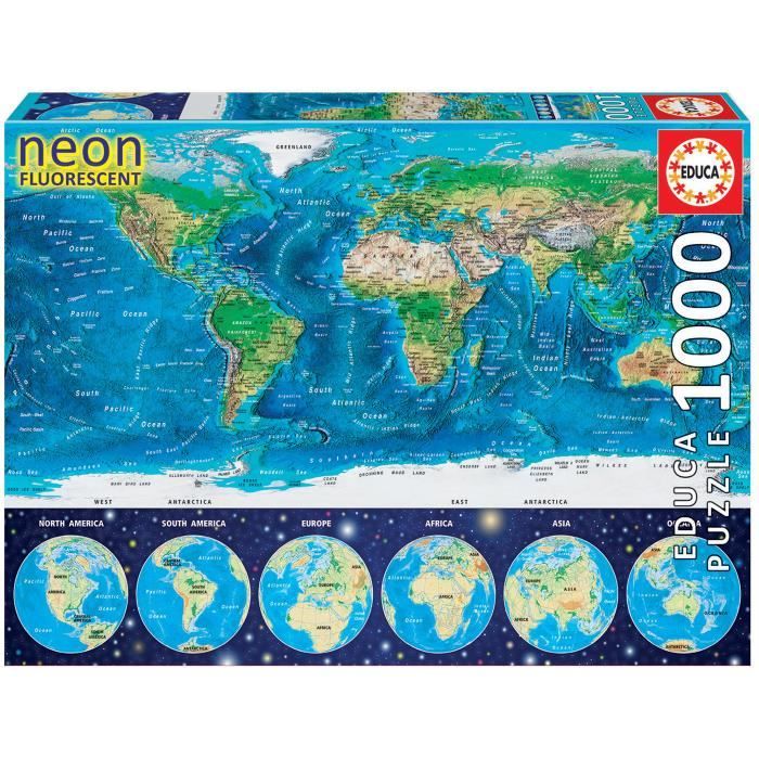 Puzzle Mappemonde Neon 1000 pcs - EDUCA - Voyage et cartes - Adulte - 12 ans