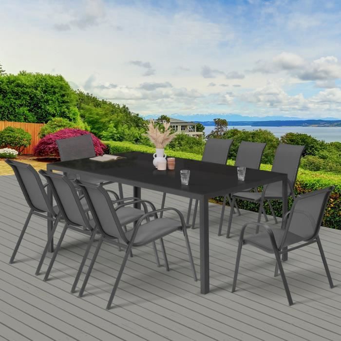 ensemble table et chaises de jardin - idmarket - madrid - 8 personnes - métal - gris anthracite