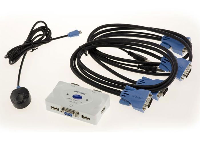 Boitier de partage KVM Switch pour 2 PC. Ecran VGA, clavier et souris USB, avec télécommande et cordons KVM fournis
