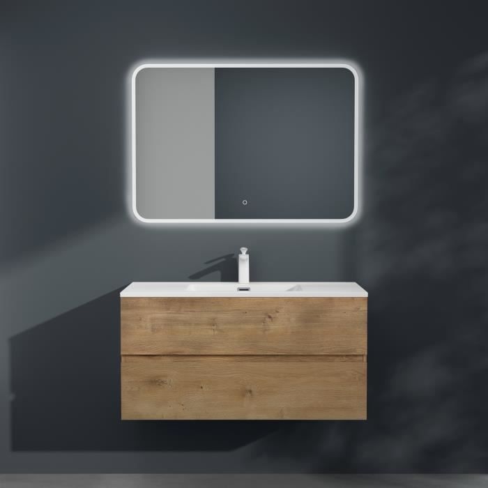 mai & mai meuble sous lavabo marron clair 100x48x50cm meuble suspendu avec 2 tiroirs + lavabo + miroir led sans robinet aqu