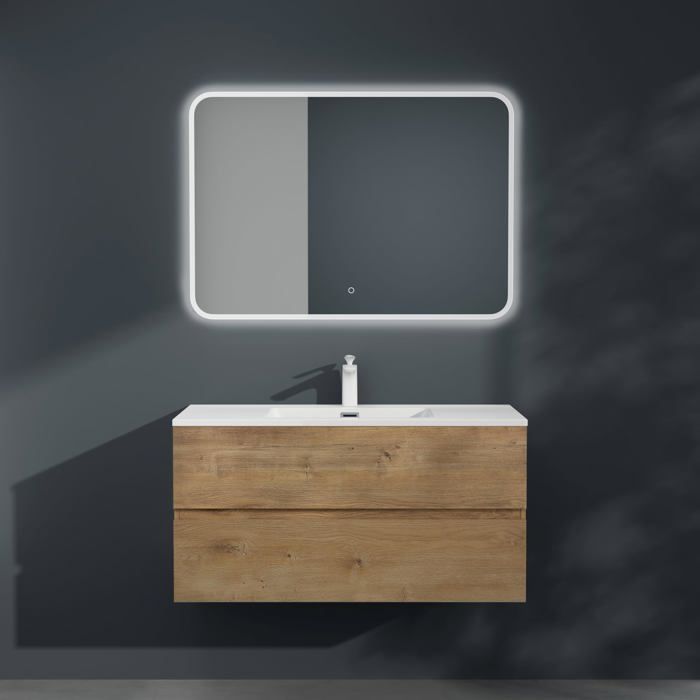 Mai & Mai Meuble sous Lavabo Marron Clair 100x48x50cm Meuble Suspendu avec 2 Tiroirs + Lavabo + Miroir LED sans Robinet Aqu