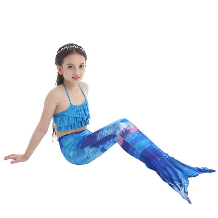 NETTXT 3 Pièces Enfant Filles Maillot de Bain Princesse Queue de Sirène Mermaid Bikini Ensembles Pouvez Ajouter Monopalme