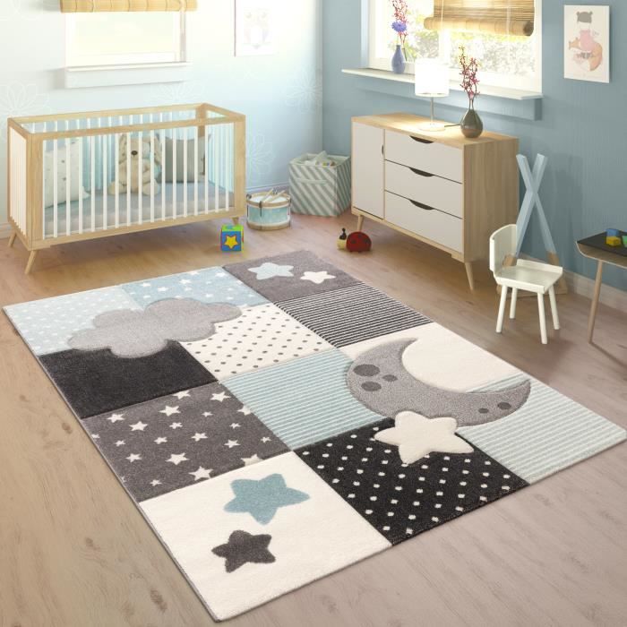 Tapis Enfant Chambre Enfant Carreaux Pois Nuages Étoiles En Bleu Pastel Gris [80x150 cm]