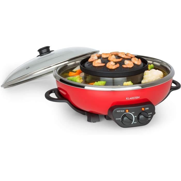 Hot Pot Chinois Klarstein Szechuan - Grill 22cm Et Fondue 5L | 600W Anti-Adhésif Rouge
