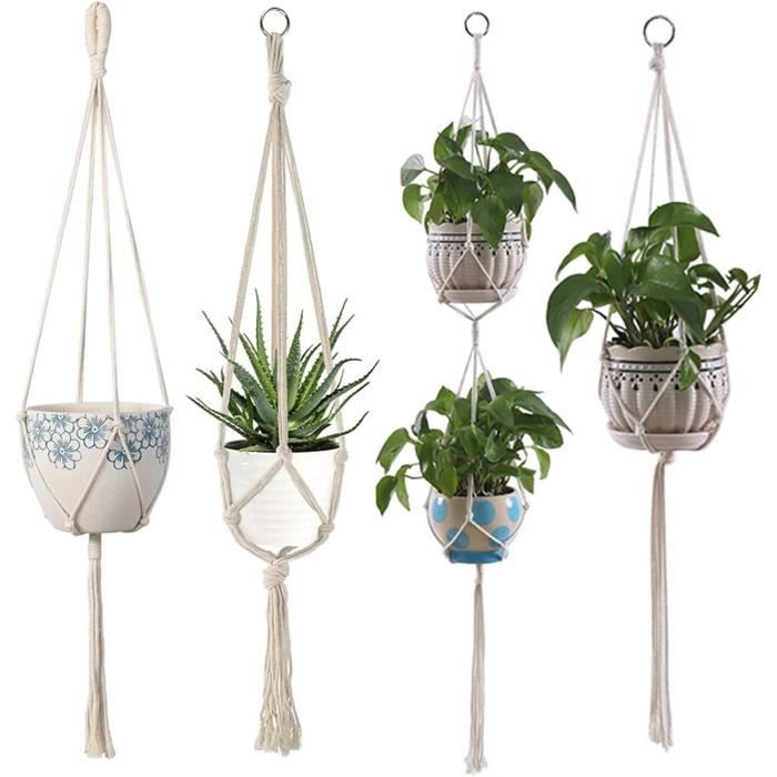 5 Suspensions Macramé Pour Plantes - Avec Crochets, Style Bohème, Intérieur/extérieur, Gain De Place