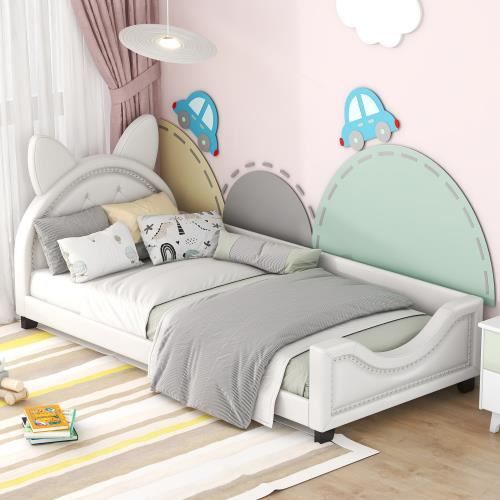 confortable  lit simple enfant de haute qualité , en forme d'oreilles en carton, avec lattes et dossier en bois, blanc,90 x 200cm