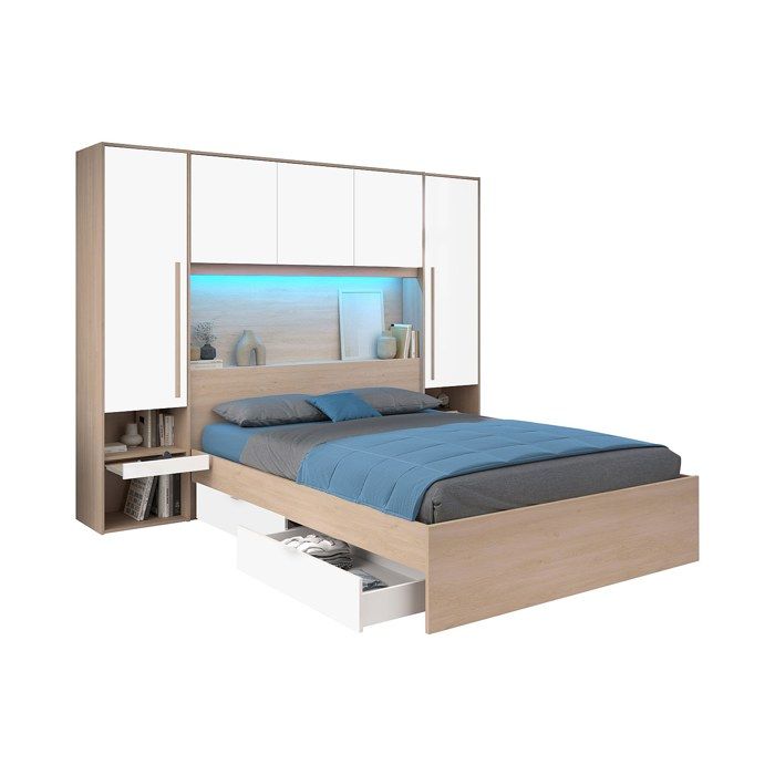Lit pont 160 x 200 cm avec rangements - avec LEDs - Coloris : Naturel et blanc brillant - VELONA