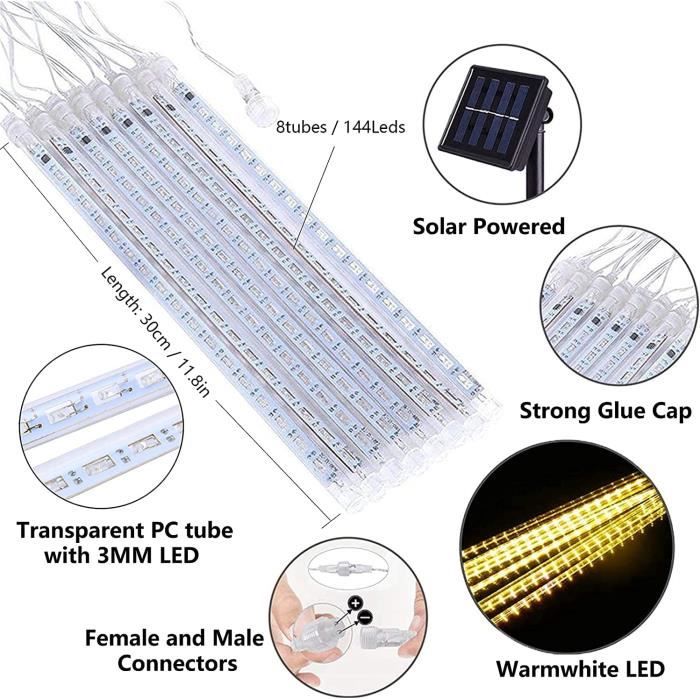Guirlande Solaire Pluie De Météores - 8 Tubes LED 30 Cm - IP65 étanche - Décoration Jardin Fête Intérieur/extérieur