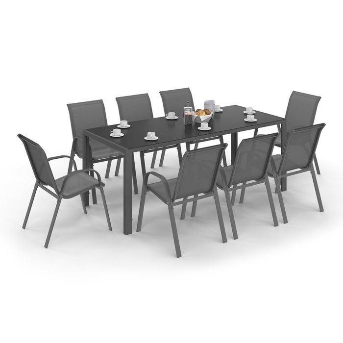 IDMARKET Salon de jardin MADRID table 190 CM et 8 chaises empilables gris anthracite