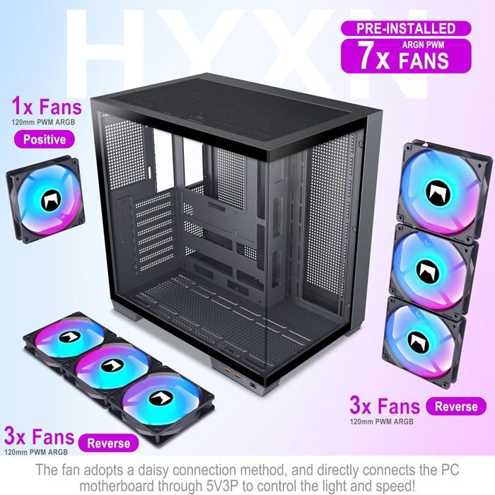 Boîtier PC Gamer HYXN H1 ATX - 7 Ventilos ARGB Préinstallés - Double Chambre - Verre Trempé 270° - Support Radiateurs 360mm