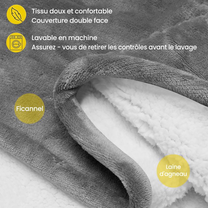 Couverture Chauffante électrique 130x180 Cm - Flanelle Double Face - 8 Niveaux De Température - Minuterie 12h - Protection Surchauffe - Lavable - Gris - 7