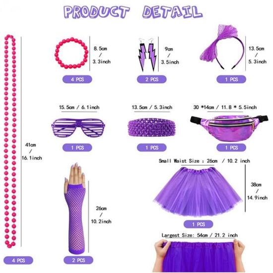 Set Accessoires Années 80 – 7 Pièces : Bandeau, Collier, Boucles D’oreilles, Gants Résille, Lunettes – Rose Fluo – Taille Unique – Soirée Disco