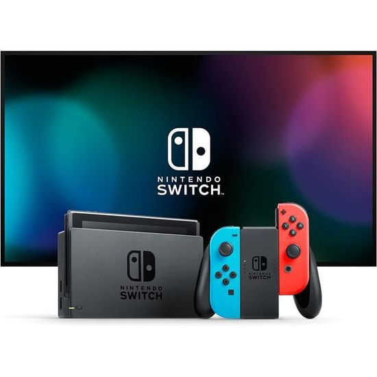 Console Nintendo Switch avec paire de JoyCon Rouge Néon et Bleu Néon, Station d'accueil