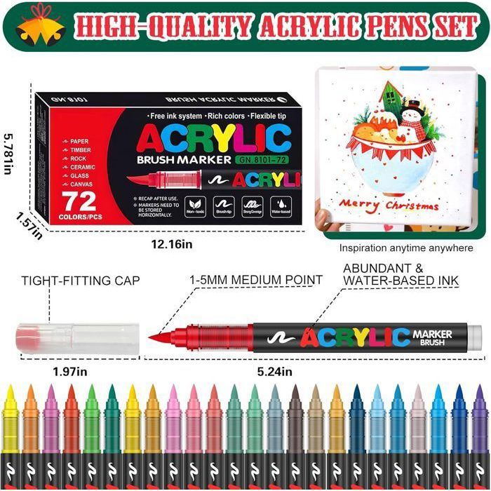 Coffret 288 Feutres Acryliques à Pointe Pinceau 0.7mm - Pour Coloriage Adulte, Calligraphie, Déco Sur Bois, Verre, Etc.