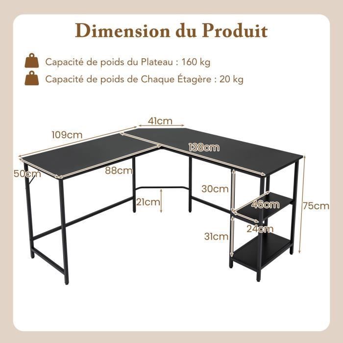 Bureau d'angle en forme de L Blanc 120x140x75 cm - Bureau D'angle