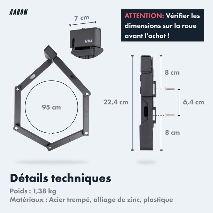Antivol Vélo Pliant 6 Segments – 77 Cm, Acier Allié 7,39 Mm, Support De Fixation, 2 Clés, Anti-rayures