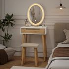 PULUOMIS Coiffeuse Led Table De Maquillage Avec Tabouret Miroir Ovale + 1 Tiroir Bois Style Moderne