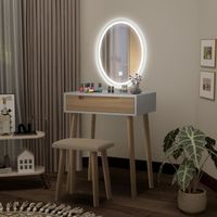 Coiffeuse Led Table De Maquillage Avec Tabouret Miroir Ovale + 1 Tiroir Bois Style Moderne