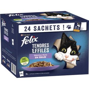 BOITES - PATÉES FELIX Tendres Effilés en Gelée Viandes-Poissons - 24 x 85 g - Sachets fraîcheur pour chat adulte