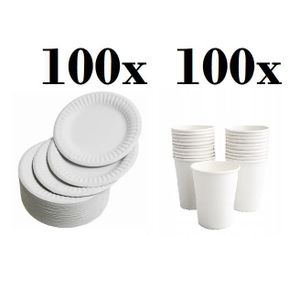SET VAISSELLE JETABLE  100 assiettes jetables 23cm blanc + 100 gobelets carton 240ml - Vaisselle jetable