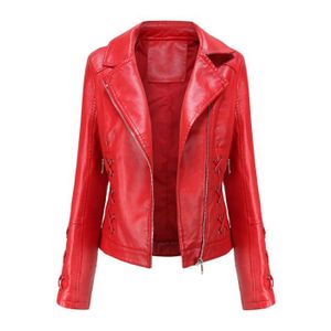 MANTEAU - CABAN OS manteau femme Slim cuir col montant Zip moto costume ceinture veste hauts Red