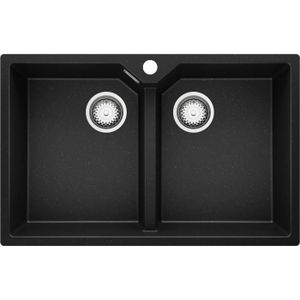 EVIER DE CUISINE Evier Cuisine en Granit Noir Metallic, 78 x 50 cm, Évier 2 bac + Kit de Vidage, Évier au meuble 80cm - Madrid 80 Twin