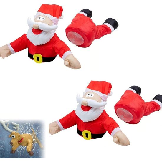 Décoration Fenêtre Noël Animée - Père Noël / Renne En Crash - Tissu Oxford 80 X 58 Cm - Autocollant Vitre Brisée Inclus