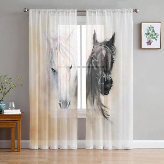 Lot De 2 Rideaux Occultants Polyester 146x166cm - Motif Cheval - Isolant Thermique Salon Et Chambre