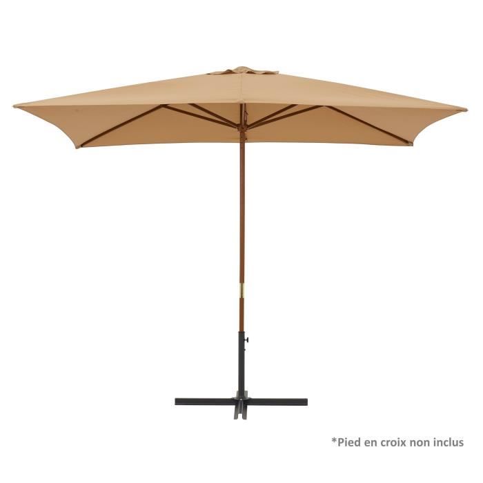 Parasol droit en bois rectangulaire 3x2 m - Mât bois et toile polyester 160gr - Taupe