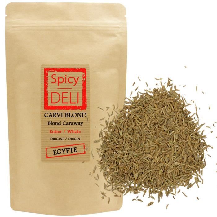 Graines de carvi blond en sachet kraft alimentaire refermable. Poids net : 100gr.