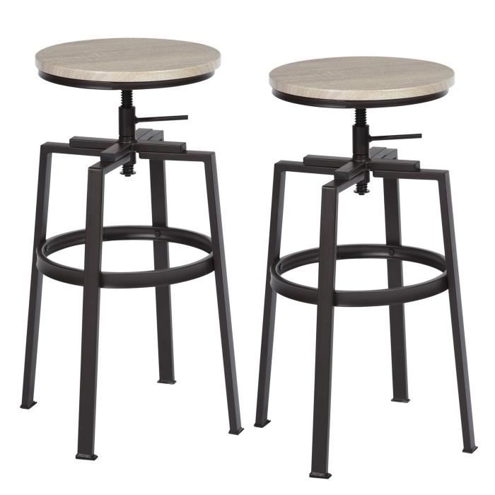 MEUBLES COSY Lot de 2 Tabouret de Bar Hauteur Réglable 66.5-74cm Rotation Siège en Imitation Bois Chêne et Métal Design Industriel