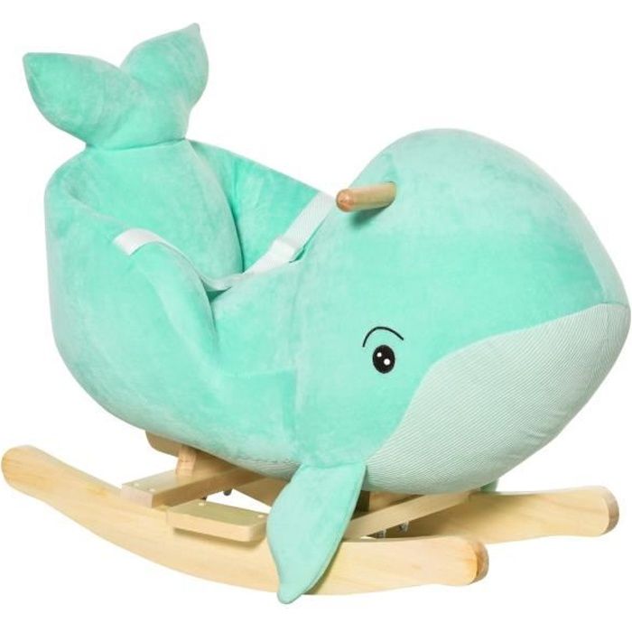 Jouet à bascule baleine - effet sonore chant baleine - fauteuil intégré, ceinture sécurité - bois peluche courte polyester turquoise