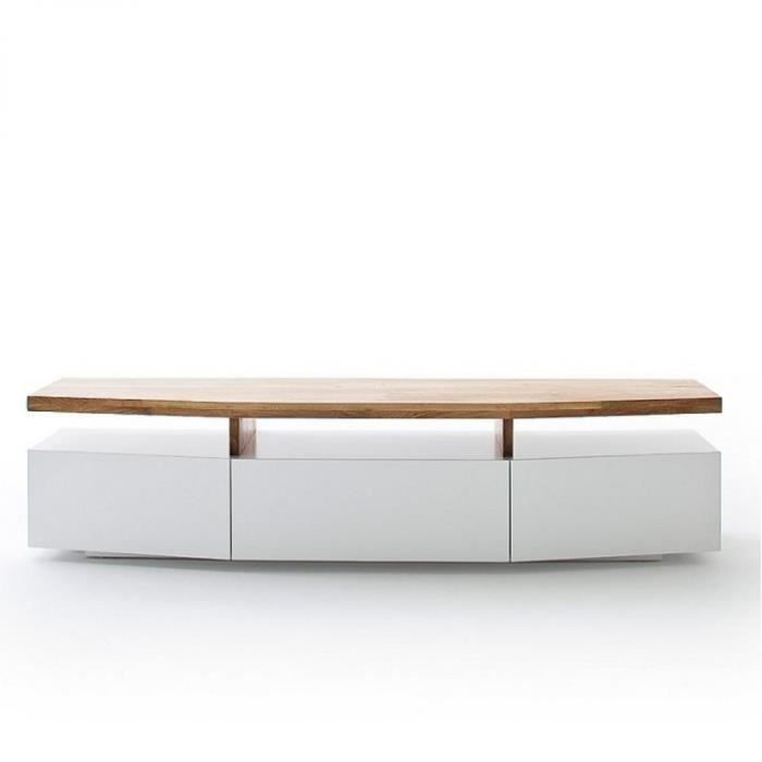 Meuble TV SIGMUND 180 cm laque blanc mat plateau chêne massif bi color MDF Inside75