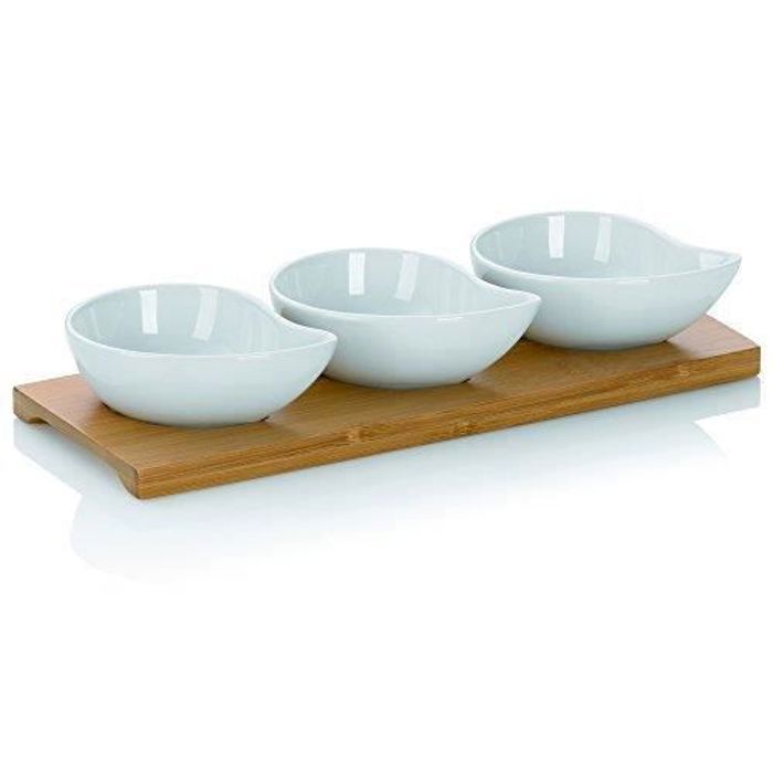Kela 12260 Set Apéritif 3 Coupelles Virgules en Porcelaine, Plateau en Bambou 26x10x4,5 cm, 'Philipa', Blanc