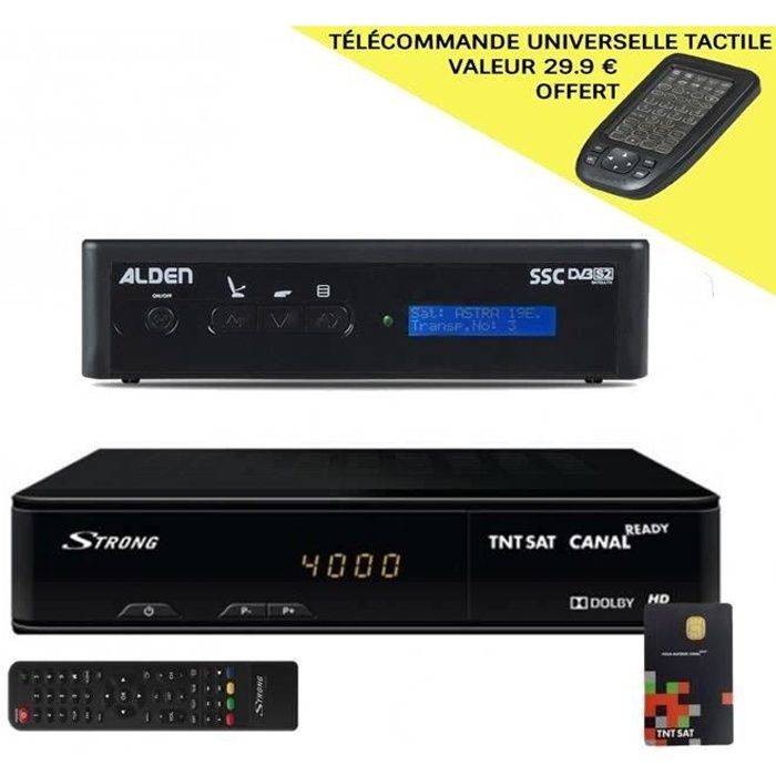 OFFRE: STRONG RÉCEPTEUR SATELLITE HD + CARTE TNTSAT V6 + POINTEUR MRA ALDEN POUR ASTRA + TÉLÉCOMMANDE UNIVERSELLE TACTILE REDLINE
