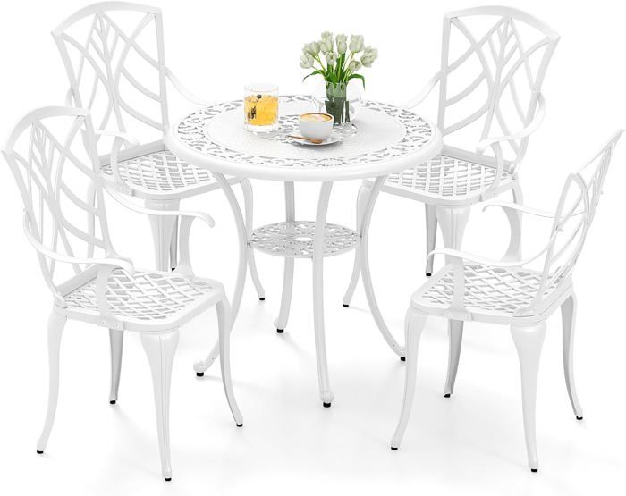 GOPLUS 5 Pcs Salon de Jardin-Table Ronde avec Trou de Parasol de 5 cm&4 Chaises-en Fonte daluminium Style Vintage Blanc