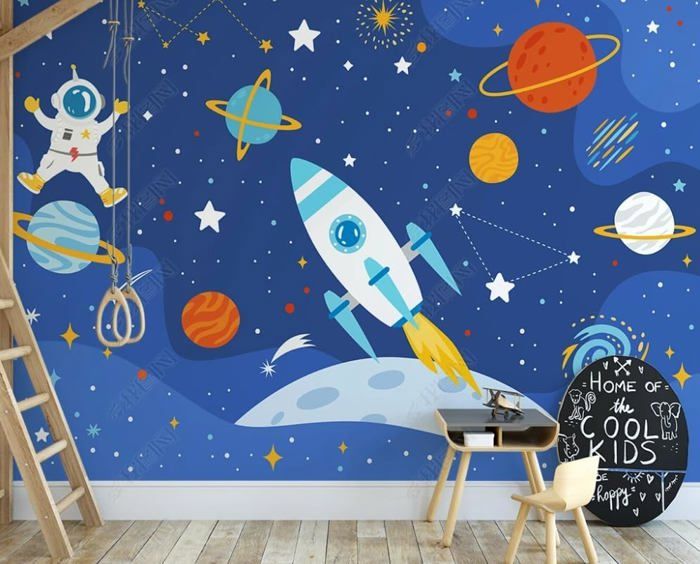 Papier Peint Intissé Astronaute Espace Planète Fusée Ciel Étoilé ...