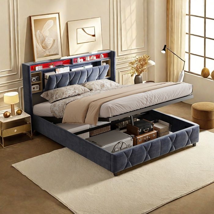 Lit coffre 140x200cm, lit double avec chargement USB+type-C, éclairage
